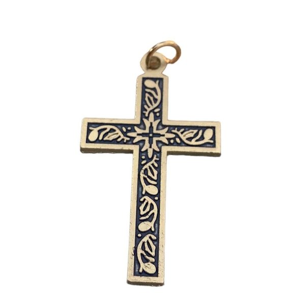 Vintage 1 1/4" Silvertone Pendant Cross Blue Embossing Jewelry for Necklace - Picture 4 of 7